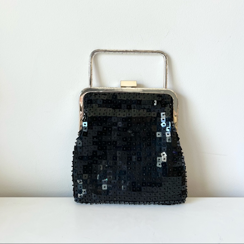 Vintage Black Sequin Mini Bag with Silver Hardware